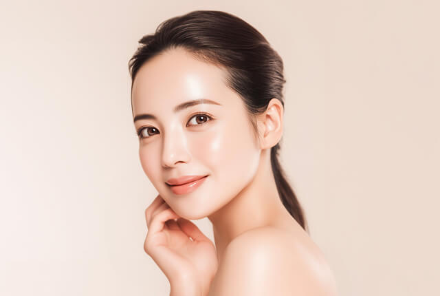 右手を頬に当てて微笑む女性