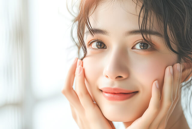 両手を頬に当てて微笑む女性