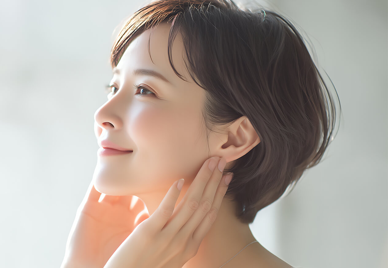 両手を顔に当てて微笑む女性