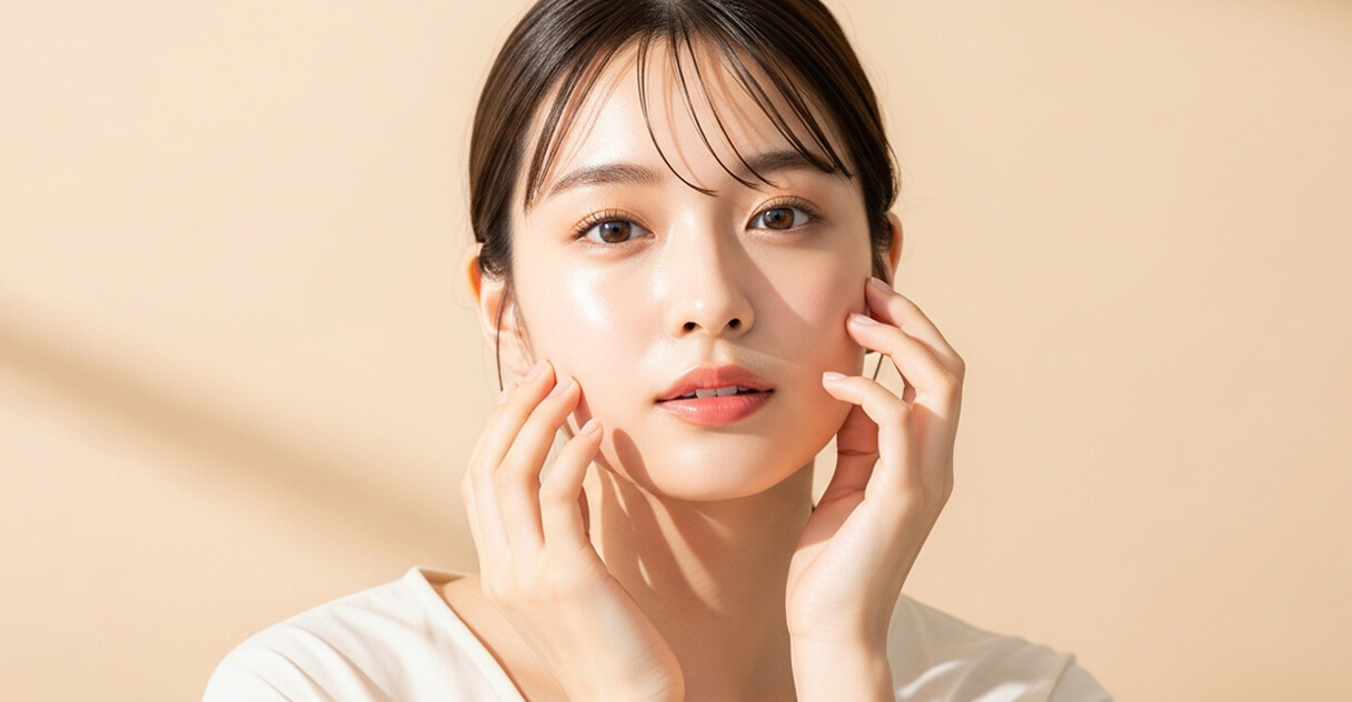 両手を頬に当てる女性