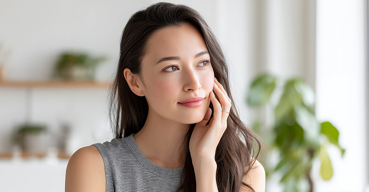 左手を頬に当てて微笑む女性