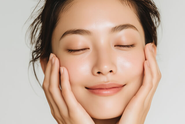 両手を頬に当てて微笑む女性