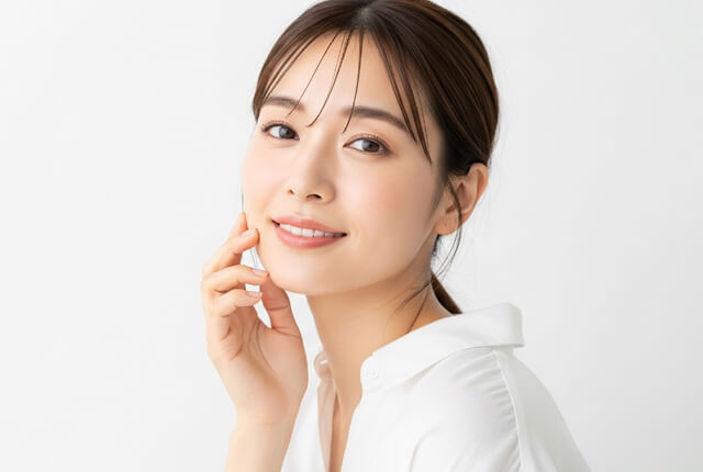 右手を頬に当てて微笑む女性