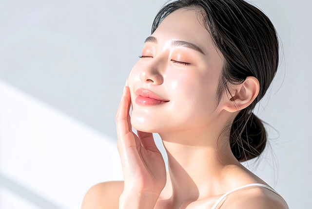 右手を頬に当てて微笑む女性