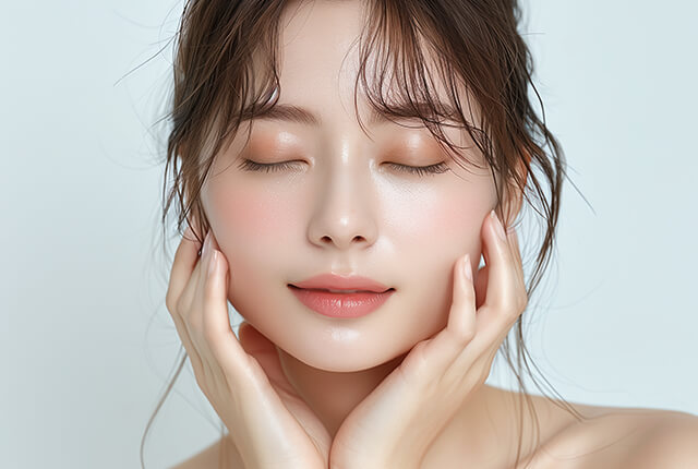 両手を頬に当てて微笑む女性